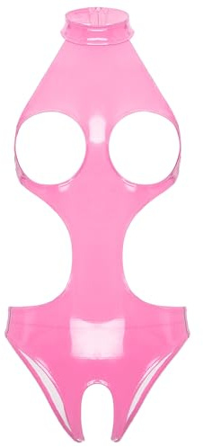 Yihuimin Femme Body String Ouvert Sein Nu Sexys Lingerie Ouvert Cuir Brillant Nuisette Vêtements de Nuit Rose 3XL