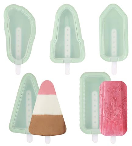 Fyfjur 5 Pièces Moule a Glace, Premium Moule Glace Silicone Batonnet Réutilisables Sans BPA, Moule à Glace avec Design de Poignée Facile à Démouler, Tendance De Lété Bricolage de la Crème Glacée