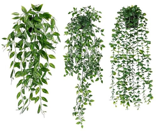 Coztie Artificial Hanging Plant, 3 Pack Fake Hanging Plants with flower pot, Faux Fake Plant Datura Vines Leaves Artificial Eucalyptus for Indoor Outdoor Home Decor Wall Room Patio Office Table Shelf