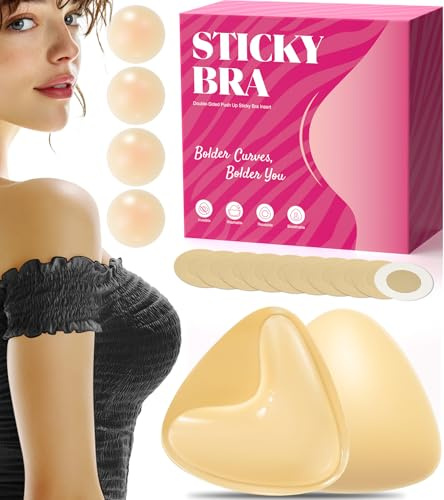 PTENLIDIY Sticky Bra Inserts, Push Up Sticky Bra Pads with Nipple Covers, Double Sided Sticky Bra, Adhesive Bra Inserts For Sports Bra & Swimsuit, Includes Storage Bag, Beige L