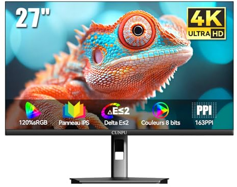 CUNPU 4K Écran PC 27 Pouces IPS UHD (3840x2160),SRGB 120% Delta E≤2, Cadre Ultra Slim, FreeSync, Moniteur Bureau 16:9, 73 Hz, 2×HDMI2.0 & 2×DP1.4, VESA 100 * 100mm