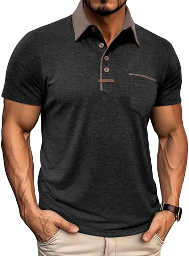 PRIVIMIX Pikétröjor för män kortärmad klassisk krage t-shirt golf toppar rugbytröja med ficka M-3XL, Svart, XL