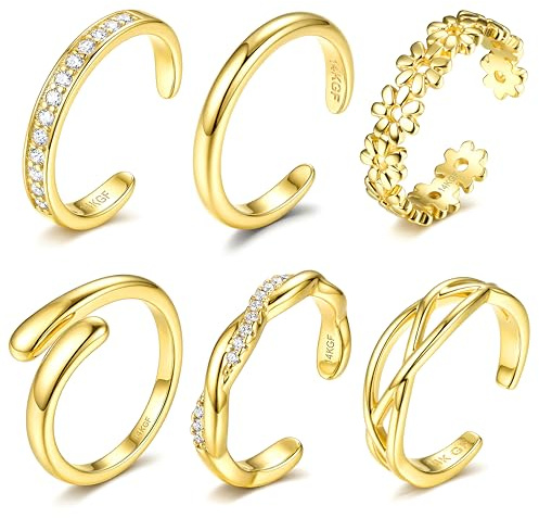 ADRAMARA 6PCS Bagues d’Orteil Femme, Bague de Pied Plaqué Or 14K, Bagues Ouvertes Ajustables avec Zircone CZ, Bijoux de Pied Non Ternissant pour Été Plage Argent/Or