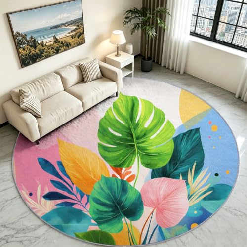 Matta med kort lugg vardagsrum 90 cm rund vit, tvättbara mattor, söta fönsterblad färgblock, halkfritt underlag fluffig och mjuk för matsal och sovrum barnrum matsal kontor hall