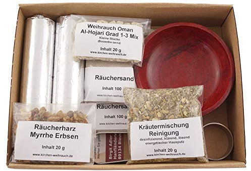 Räucherset „Hausreinigung“ – 9 TLG. – Kräuter-Mischung Reinigung m. Weihrauch Oman Al-Hojari u. Myrrhe - Räucherschale u. Zubehör – Geschenkkarton mit Klarsichtdeckel (Rote Speckstein-Schale)