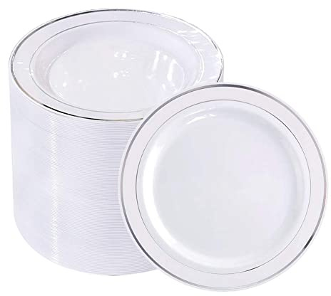 bUCLA 100Pieces Silver Plastic Plates - 6.25inch White with Silver Rim Disposable Salad/Dessert/Appetizer/Small Cake Plates for Weddings, Parties&Gathering