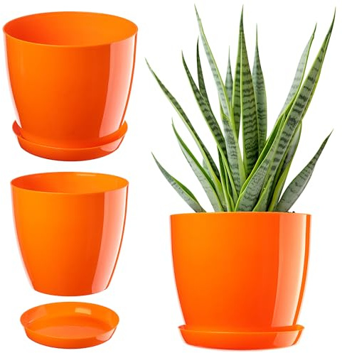 KADAX Elegant blomkruka, växtkruka med fat, rund blomkruka, plastblomkruka, blomskydd, inomhusblomkruka Ø 12 cm orange