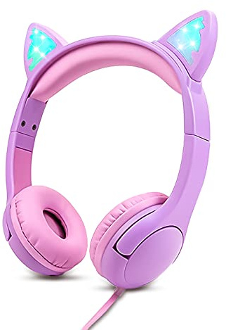 Olyre Kids Headphones, Safe 85db Volume Control Light Up Cat Ear Headphones for iPad Fire Tablet Kindle, On-Ear LED Children Headphones for School Learning Travel - Purple/Pink