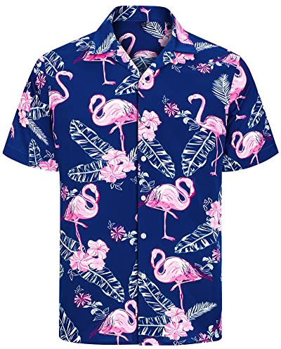 J.VER Hawaii Hemd Männer Flamingo Hemden Herren Sommerhemd Print Hawaiihemd Button Down Strandhemd Basic Beach Shirt Blau Flamingo L