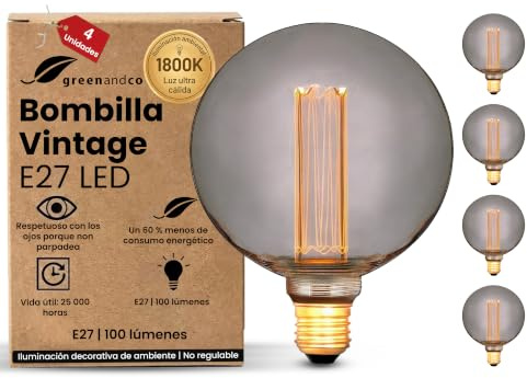 greenandco 4x dekorativ LED-glödlampa i vintage-stil | E27 G125 | Rök | 4W 100lm | 1800K Extra varmvitt | 320° | 230V | Flimmerfri | Ej dimbar