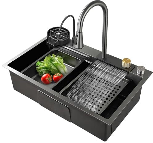 Fregadero de cocina de acero inoxidable, moderno, empotrado, cuenco individual, 80 x 45 x 22 cm, acabado cepillado negro, drenaje de rejilla, incluye arandela de taza y accesorios