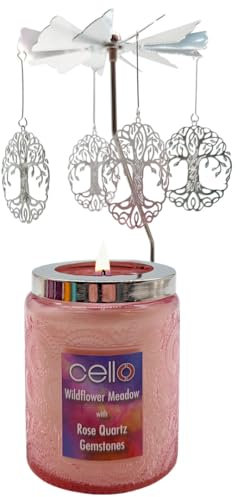 Cello Rose Quartz Scented Candle with Spinner - Stunning Crystal Candle Carousel and Rotary Holder - Anxiety Gifts for Women
