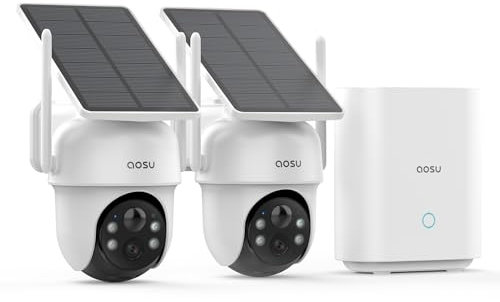 AOSU 2K Camera Surveillance Exterieure sans Fil Solaire, 2 Kit Caméra avec HomeBase, Aucun Coût Mensuel, 3MP 360° Panoramique, Suivi Automatique, Alerte, Vision Nocturne Couleur, 2,4/5Ghz WiFi