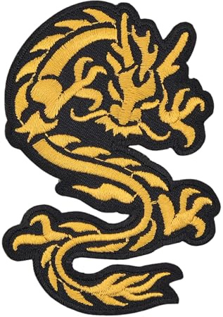 Drache Gelb Gold klein Aufnäher zum aufbügeln oder aufnähen Bügelbild Aufbügler für Kleidung gestickter Bügelpatch Applikation China Patch Größe 6,3 x 9,0 cm
