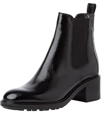 Tamaris Botines Chelsea de Piel para Mujer, Tacón Cuadrado, Cómodos, Negro Charol, 38 EU