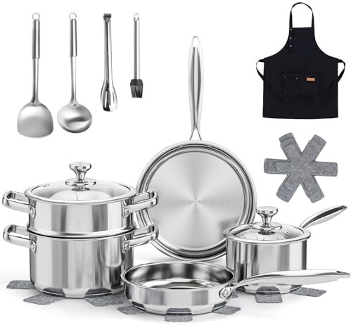 Juego de cacerolas de acero inoxidable de 16 piezas, juego de ollas y sartenes de inducción con tapa de vapor y vidrio, juego de utensilios de cocina con juego de utensilios protectores de ollas y