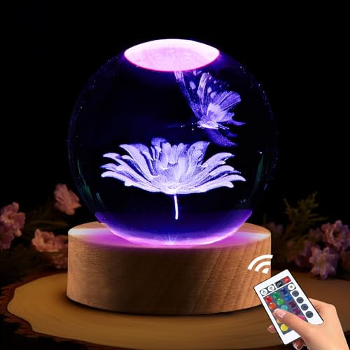 Ginsso Decorative Crystal Ball Night Light, Butterfly & Flower 3D Crystal Sphere Lamp with Remote, Multicolor, 3.15in, Wooden Base, USB Cable, Perfect for Bedroom, Kids Room, Living Room