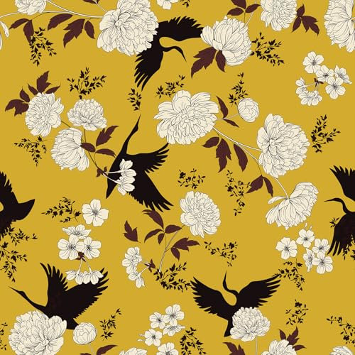 VEELIKE Vintage Yellow Floral Wallpaper Self Adhesive Crane Bird Wallpaper Patterned 44.5cm x 300cm Contact Paper for Bedroom Bathroom Botanical Wall Mural Art Deco Wall Paper Removable Cabinets