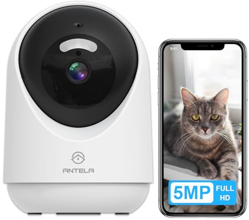 ANTELA 5MP övervakningskamera inomhus 2,4 GHz/5 GHz WLAN-kamera, 2-vägsljud, 355°/180° vridbar, IR-mörkerseende till 10 m, kompatibel med Alexa och Google Home