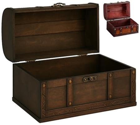 flexilife Coffre au Trésor – Coffret Vintage pour Cadeaux, Coffre Décoratif & Coffre Pirate – Boîte à Souvenirs Polyvalente (Marron Clair Imitation Cuir, Grand 40 × 30 × 25 cm) (marron foncé, M)