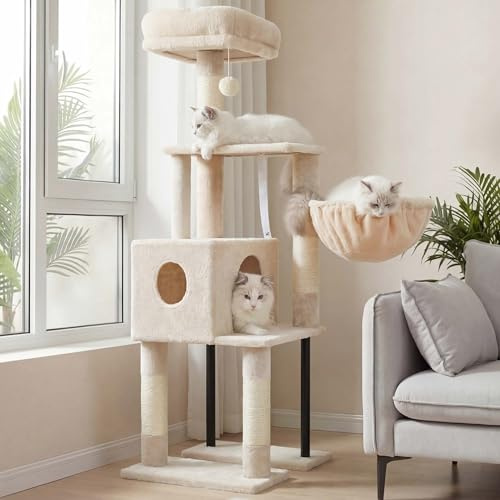 Heybly klösträd, 125 cm litet rymligt och bekvämt klösträd med grotta, topp-sittstång, hoppplattform, klöspelare, korg, stabila metallrör, beige HCT200SM