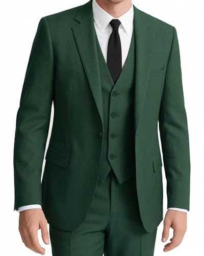 WYWK Traje de Tres Piezas Slim fit para Hombre Esmoquin Formal Chaqueta Blazer Chaleco y Pantalones Ideal para Boda Fiesta de graduación Evento y Negocios,Verde Oscuro,L