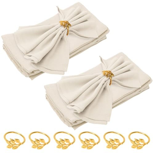 Umllpet Servietari de lino para Navidad, juego de servilletas de algodón y anillos para servilletas, para uso diario, fiestas, bodas (Beige, 40x40cm - Juego de 6 servilletas + 6 anillos para