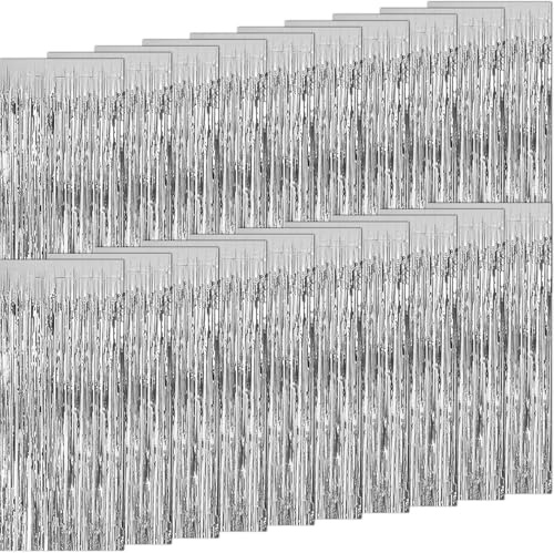 OGMBI 20 Stück Lametta Vorhang Silber, 1m x 2m Glitzervorhang Lametta, Glitzer Party Vorhang, Luftschlangen Fransen Geburtstag Dekoration für Party Deko Geburtstagsdeko Hochzeit Festivals Bühnendekor