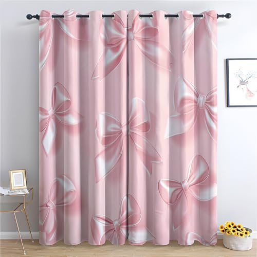 Cortinas opacas con lazo rosa de 52 x 84 pulgadas, cortinas térmicas con ojales para habitación de niñas y sala de estar, 2 paneles - HSN176