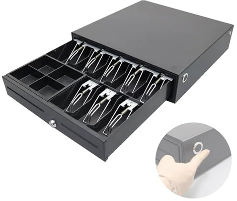 Caja registradora para pequeñas empresas con cajón seguro y cerradura de huella dactilar para sistemas POS. Cuenta con 8 compartimentos para billetes y 4 para monedas. Diseño extra