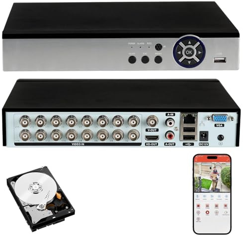 16 Channel Hybrid Security Video Recorder with 1TB Hard Drive, 5MP H.265+ Surveillance DVR for Analog AHD, TVI, CVI, CVBS, IP Cameras
