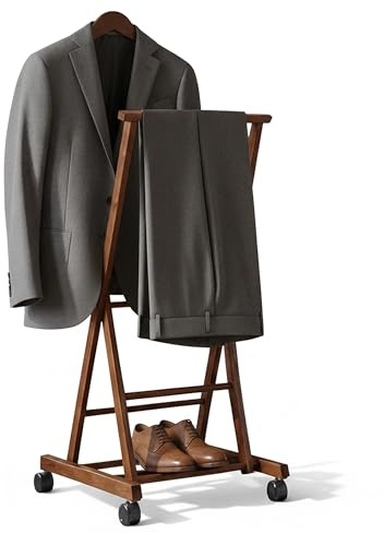 konsimo klappbarer Herrendiener - Kleiderständer aus Massivholz, für Jacken, Hosen, Gürtel und Krawatten, ideal für Schlafzimmer und Ankleideraum (Braun, Rollständer 44,5x103x40