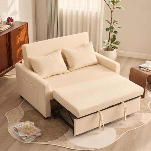 Litbird 2 Seater Sofa Bed, 3-in-1 Convertible Pull Out Sleeper Sofa, Set of Corduroy Fabric Loveseat with Adjustable Backrest & Side Pockets for Living Room, Guest Room, Apartment,Beige