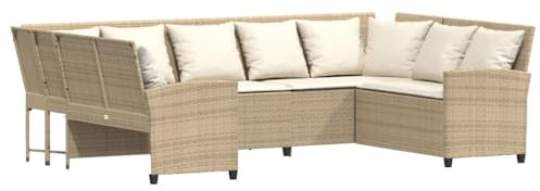 Qnhdfrt Divano da giardino con cuscino, divano modulare lounge in rattan sintetico, comodo gruppo di sedute per terrazza e giardino, beige, telaio in acciaio, 288 x 181 x 87,5 cm