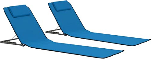 Yunovire Tappetino da spiaggia pieghevole, 2 pezzi, in acciaio e tessuto, blu, 160 x 53 x 47 cm, con vano portaoggetti, schienale regolabile, poggiatesta per terrazza, balcone, campeggio e relax