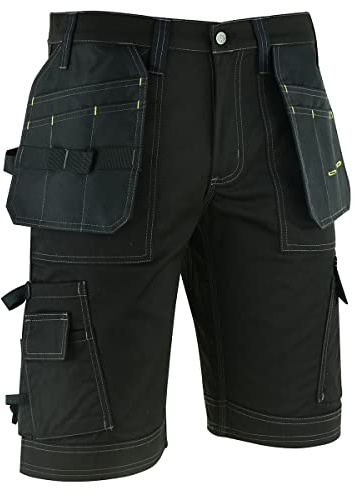 WrightFits Men Pro Builder Work Shorts - Black - Heavy Duty Safety Combat Cargo Summer Shorts – Multi Holster Pockets - Triple Stitched Durable Workwear