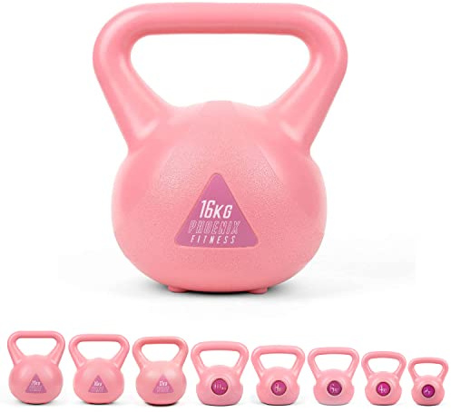Phoenix Fitness Vinyl Kettlebell - Heavy Weight Kettle Bell for Home Gym Workout Equipment Strength Fitness Pilates Weight Training - Pink 16kg