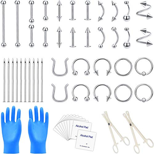 PunkTracker 54Pcs Piercing Kit in Acciaio Chirurgico 14G 16G Septum Nipple Lip Belly Rings Tragus Conch Daith Helix Nose Industrial Piercing Jewelry Kit