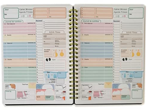 Agenda Diary Diet Fitness Planner, A5 storlek 14,5x20,5cm - 50 ark (100 dagar) unik layout, med metall spiral svart omslag - Franska
