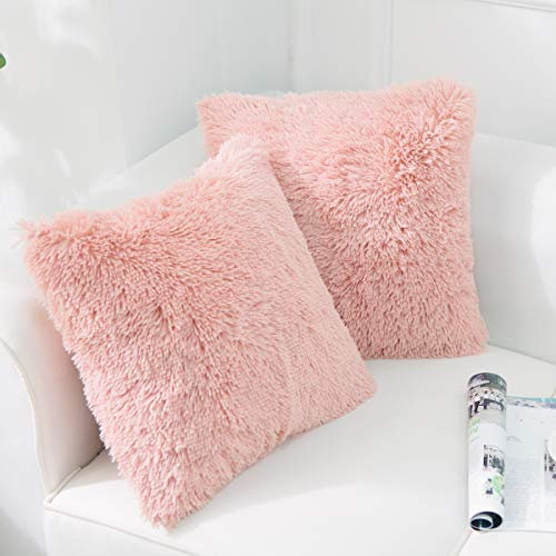 NordECO HOME Paquete de 2 fundas de cojín de piel sintética rosa de 45 x 45 pulgadas, fundas de almohada decorativas esponjosas cuadradas de 18 x 18 pulgadas para decoración de sofá