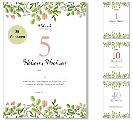 Frank Paperman® | Geschenk zum 5. Hochzeitstag Urkunde| Ehejubiläum | hölzerne Hochzeit Geschenk | floral | Geschenke zum 5 Hochzeitstag | Vordruck im DIN-A4-Format
