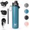 750 ml Komplettes Paket Doppelwandige Edelstahl Wasserflasche, BPA-Frei Vakuumisolierte Trinkflasche, Auslaufsicher Thermosflasche, Kohlensäure, 3 Deckel + Aufhänge Riemen + Strohhalm Thermoskanne
