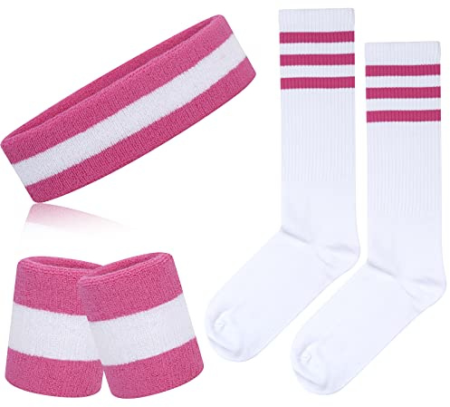 ONUPGO Juego de 5 bandas para el sudor y calcetines a rayas, bandas para el sudor, calcetines altos a rayas para hombres, mujeres, deportes y fiestas de los 80 (rosa, blanco y rosa)