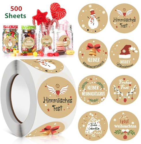 500 Stück Weihnachtsaufkleber, 4cm Weihnachten Rund Etiketten Sticker, Weihnachtsaufkleber Rolle Geschenkaufkleber Kraftpapier Frohe Weihnachten, für Umschlag Grußkarten Geschenktüten