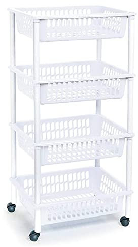 Acan Tradineur - Carrito verdulero Modelo PLFT de plástico con 4 Niveles y Ruedas, cestas apilables portaobjetos, Frutas, Verduras, Cocina, baño (Blanco - 85 x 40 x 30 cm)