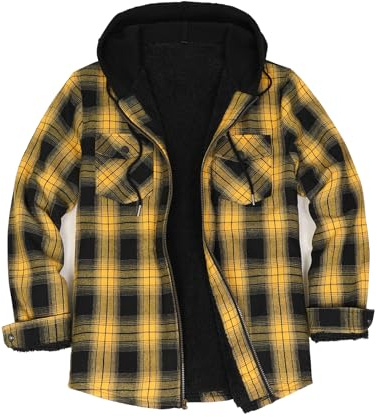 ZENTHACE Veste-chemise à capuche en flanelle doublée Sherpa pour homme, à fermeture éclair complète et à motif écossais, jaune/noir, Small