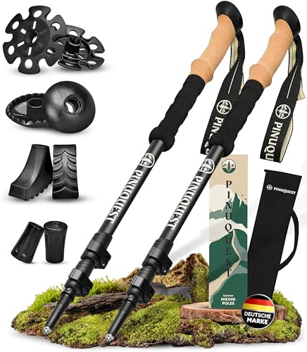 PINUQUEST Bâtons de randonnée en carbone | Taille de 95 à 200 cm | Bâtons de trekking télescopiques en carbone et aluminium avec poignée ergonomique en liège + 4 embouts pour tous les terrains |