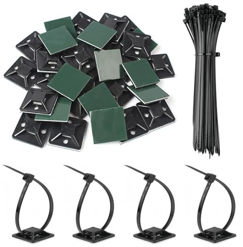 jatimdotin Bridas, 200 Piezas Bridas Plastico, Juego Soportes de Cables Autoadhesivo, Adhesivas para Bridas de Cables, Brida + Base Autoadhesiva, 150 mm Bridas para Cables Para Oficina, Hogar