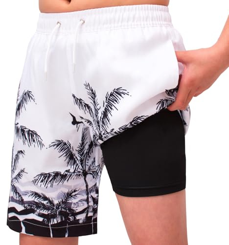 MEILONGER Badbyxor pojkar 2-i-1 badshorts barn snabbtorkande boardshorts badmode simbyxor med kompression innerbyxor justerbar dragsko, 21001+vit svart, 140