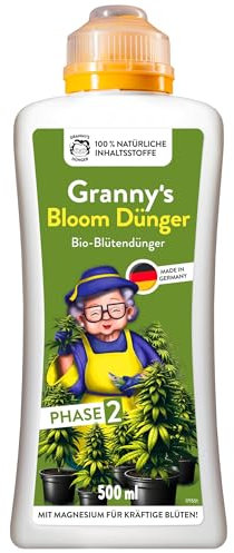 GRANNY’S ® Bloom-Dünger | Flüssigdünger für die 2te Wachstumsphase der Cannabispflanze I Made in Germany I Einfach Düngen I Für Indoor & Outdooranbau | Mit Messbecher im Deckel I Omas Cannabisdünger